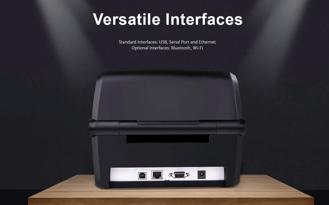 Back view of a printer barcode showing multiple interface ports like USB, Serial, and Ethernet.