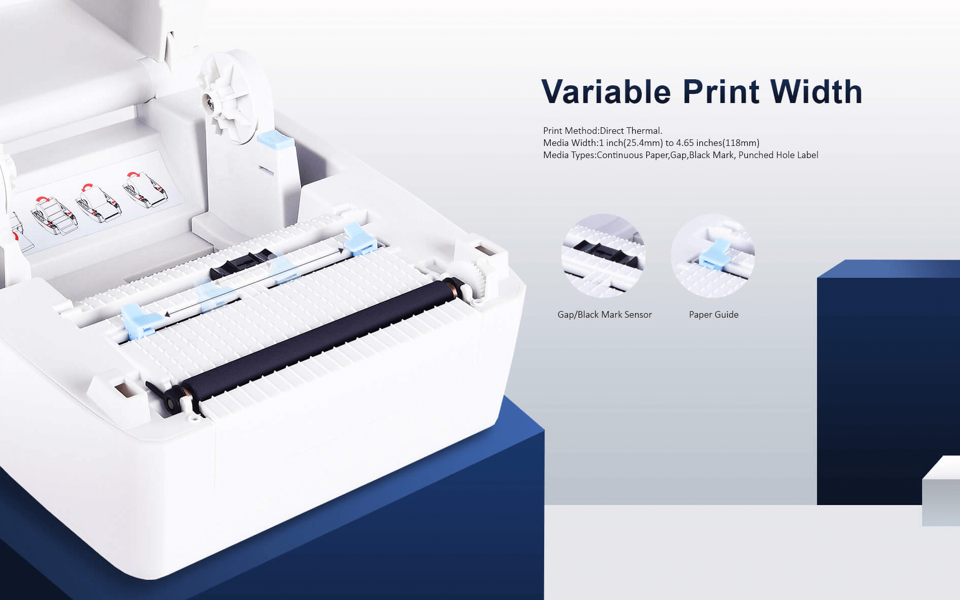 An open printer barcode showing its internal components like the paper guide and sensor.
